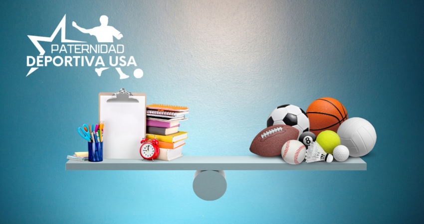 Ilustración de una balanza que de un lado pesa artículos escolares y del otro deportivos señalando el equilibrio entre actividades deportivas y escolares