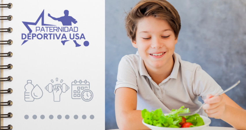 Un niño deportista consumiendo alimentos saludables.